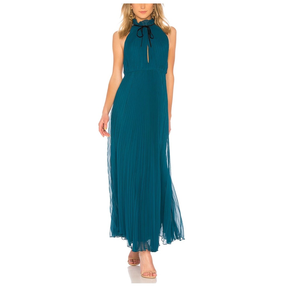 JILL STUART Pleated Chiffon Midi Dress Teal Velvet Trim Ruffle Collar Gown - 4